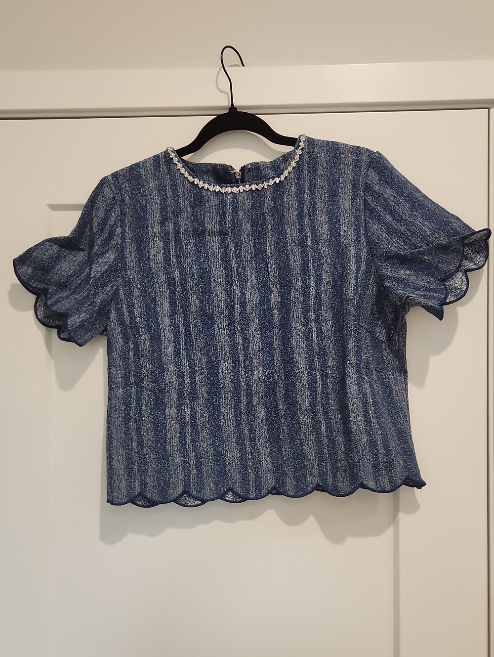 Rivir omens Blue Metallic Scallop Sleeve Top